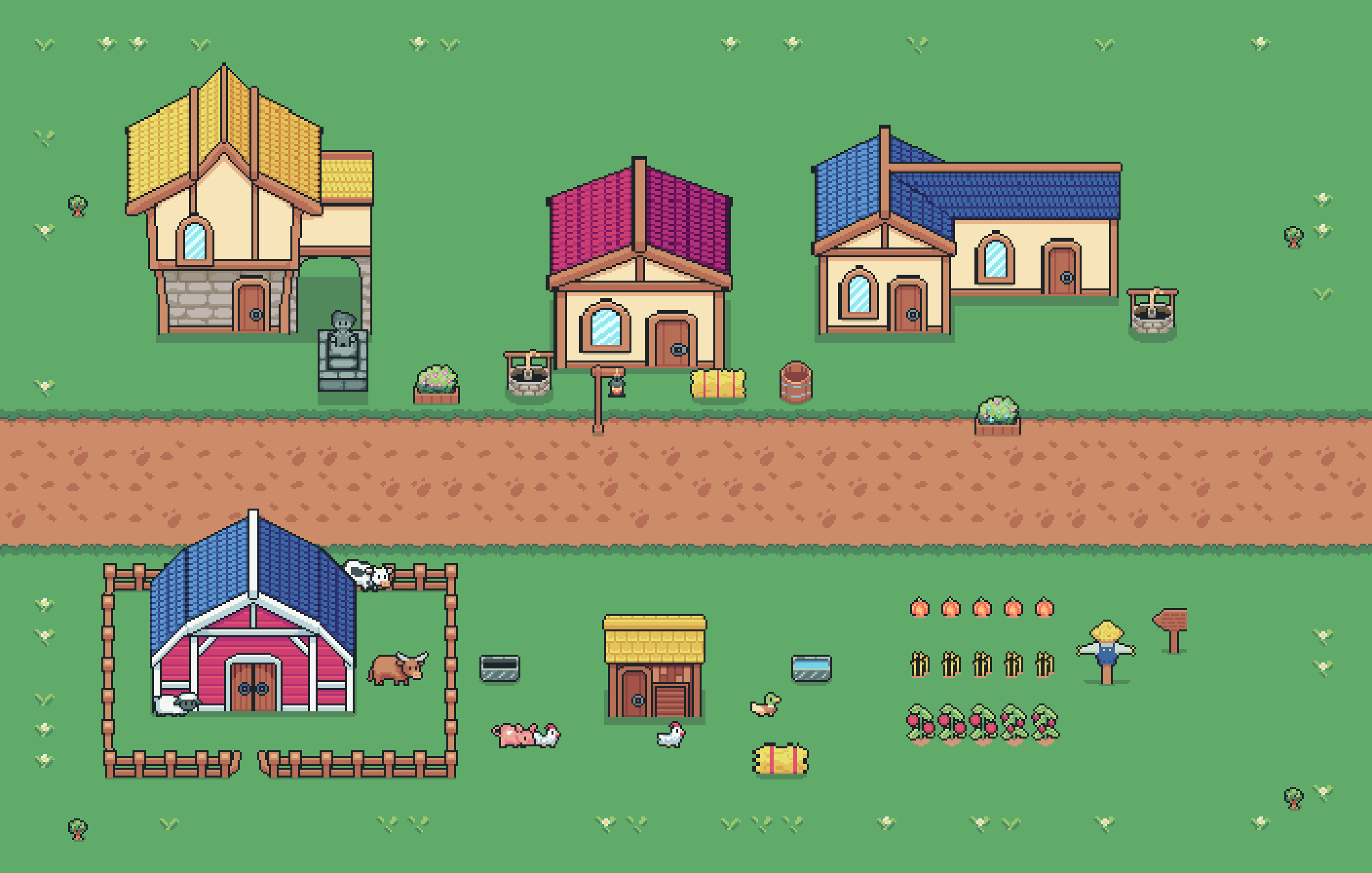 Tame Village with the town hall, farm, sawmill, a fenced cattle pen with cows, a hen house, crops and the avenue crossing the land